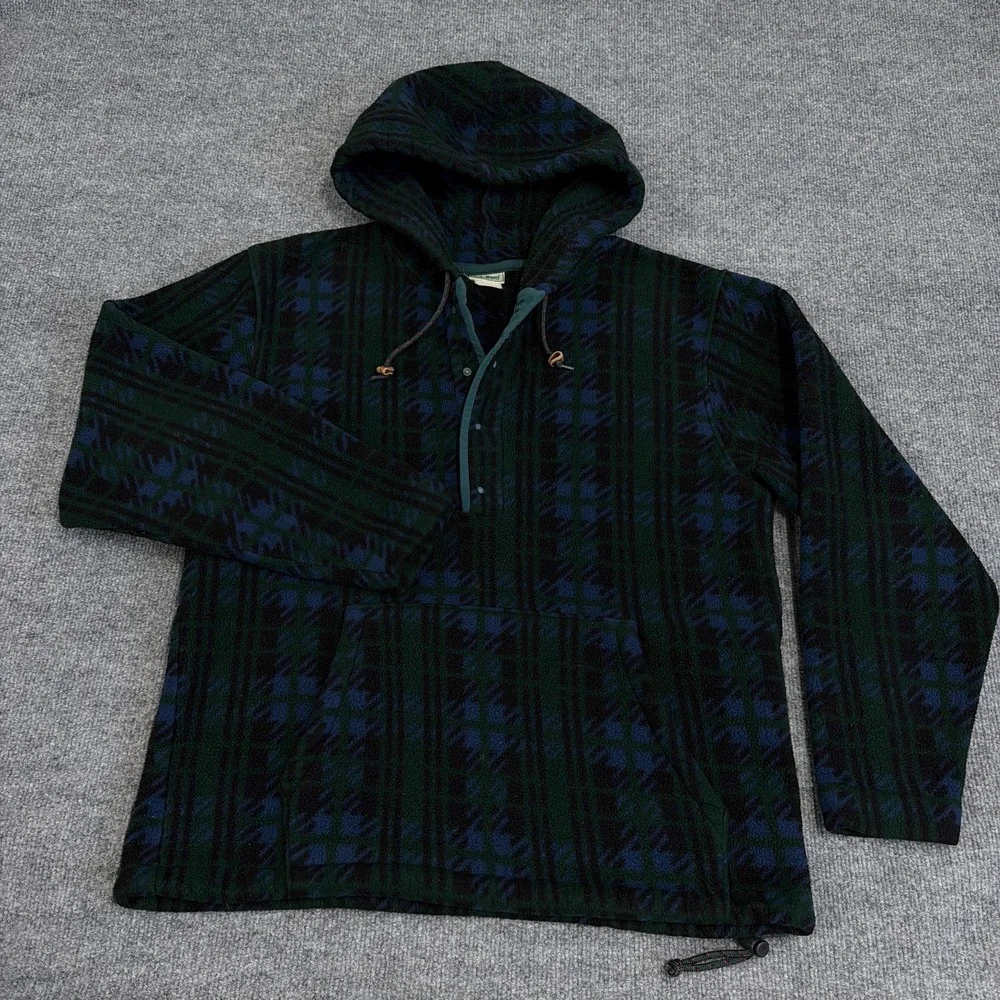 Vintage LL Bean Jacket Womens Large 1/4 Snap Hooded Fleece Pullover Green Plaid - Picture 2 of 11